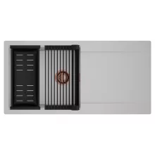 HD Onyx Grey 100 egymedencés mosogatótálca szett, matt fekete csepegtetőráccsal és kosárral, csepegtetőtálcával, alpesi szürke színben, szálcsiszolt réz leeresztő szifonnal