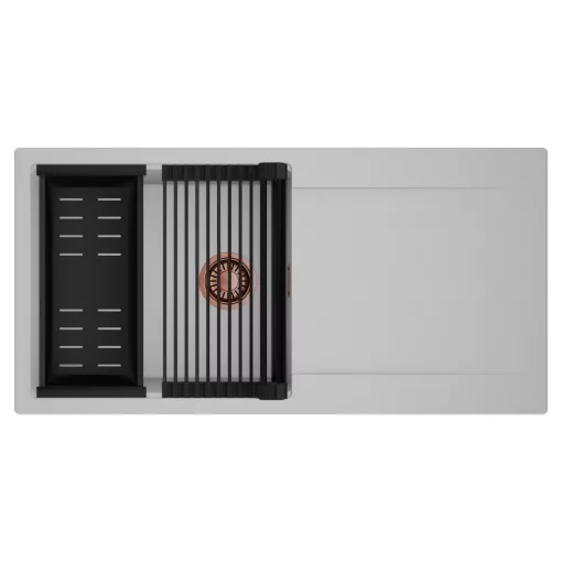 HD Onyx Grey 100 egymedencés mosogatótálca szett, matt fekete csepegtetőráccsal és kosárral, csepegtetőtálcával, alpesi szürke színben, szálcsiszolt réz leeresztő szifonnal