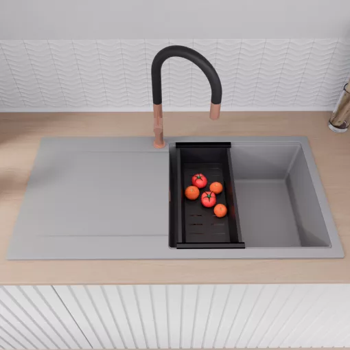 HD Onyx Grey 100 egymedencés mosogatótálca szett, matt fekete csepegtetőráccsal és kosárral, csepegtetőtálcával, alpesi szürke színben, szálcsiszolt réz leeresztő szifonnal