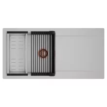 HD Onyx Grey 100 egymedencés mosogatótálca szett, matt fekete csepegtetőráccsal és krómozott kosárral, csepegtetőtálcával, alpesi szürke színben, szálcsiszolt réz leeresztő szifonnal