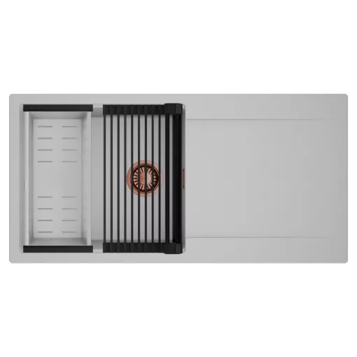 HD Onyx Grey 100 egymedencés mosogatótálca szett, matt fekete csepegtetőráccsal és krómozott kosárral, csepegtetőtálcával, alpesi szürke színben, szálcsiszolt réz leeresztő szifonnal