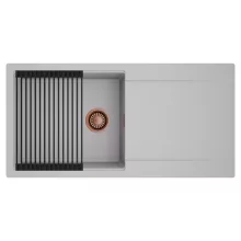 HD Onyx Grey 100 egymedencés mosogatótálca szett, matt fekete csepegtetőráccsal, csepegtetőtálcával, alpesi szürke színben, szálcsiszolt réz leeresztő szifonnal