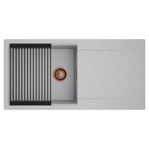 HD Onyx Grey 100 egymedencés mosogatótálca szett, matt fekete csepegtetőráccsal, csepegtetőtálcával, alpesi szürke színben, szálcsiszolt réz leeresztő szifonnal