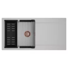 HD Onyx Grey 100 egymedencés mosogatótálca szett, acél csepegtetőráccsal és matt fekete kosárral, csepegtetőtálcával, alpesi szürke színben, szálcsiszolt réz leeresztő szifonnal