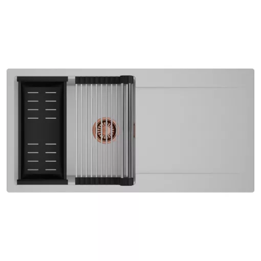 HD Onyx Grey 100 egymedencés mosogatótálca szett, acél csepegtetőráccsal és matt fekete kosárral, csepegtetőtálcával, alpesi szürke színben, szálcsiszolt réz leeresztő szifonnal