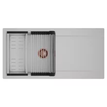 HD Onyx Grey 100 egymedencés mosogatótálca szett, acél csepegtetőráccsal és kosárral, csepegtetőtálcával, alpesi szürke színben, szálcsiszolt réz leeresztő szifonnal