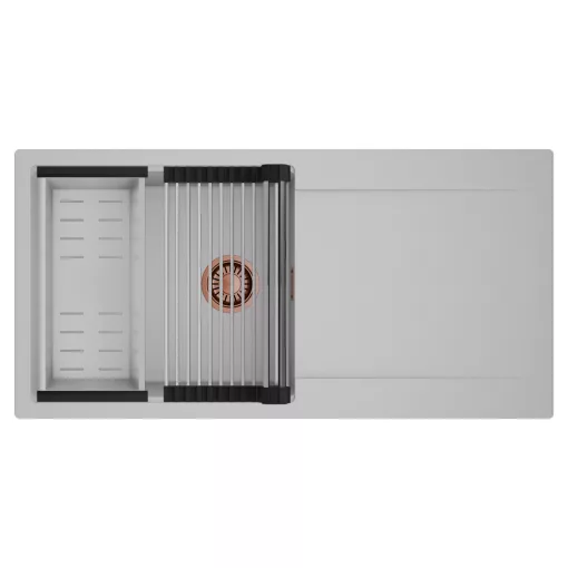 HD Onyx Grey 100 egymedencés mosogatótálca szett, acél csepegtetőráccsal és kosárral, csepegtetőtálcával, alpesi szürke színben, szálcsiszolt réz leeresztő szifonnal