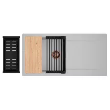 HD Onyx Grey 100 egymedencés gránit mosogatótálca szett, csepegtetőtálcával, vágódeszkával, matt fekete csepegtetőráccsal és kosárral, alpesi szürke színben, szálcsiszolt réz leeresztő szifonnal