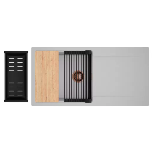 HD Onyx Grey 100 egymedencés gránit mosogatótálca szett, csepegtetőtálcával, vágódeszkával, matt fekete csepegtetőráccsal és kosárral, alpesi szürke színben, szálcsiszolt réz leeresztő szifonnal