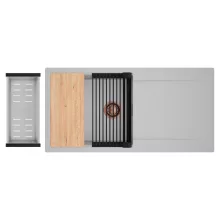 HD Onyx Grey 100 egymedencés gránit mosogatótálca szett, csepegtetőtálcával, vágódeszkával, matt fekete csepegtetőráccsal és krómozott kosárral, alpesi szürke színben, szálcsiszolt réz leeresztő szifonnal