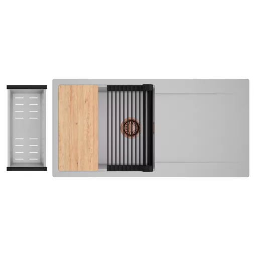 HD Onyx Grey 100 egymedencés gránit mosogatótálca szett, csepegtetőtálcával, vágódeszkával, matt fekete csepegtetőráccsal és krómozott kosárral, alpesi szürke színben, szálcsiszolt réz leeresztő szifonnal