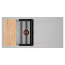 HD Onyx Grey 100 egymedencés gránit mosogatótálca szett, csepegtetőtálcával, vágódeszkával, matt fekete csepegtetőráccsal, alpesi szürke színben, szálcsiszolt réz leeresztő szifonnal