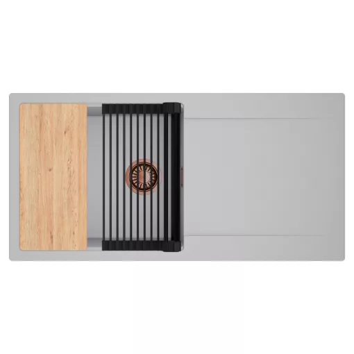 HD Onyx Grey 100 egymedencés gránit mosogatótálca szett, csepegtetőtálcával, vágódeszkával, matt fekete csepegtetőráccsal, alpesi szürke színben, szálcsiszolt réz leeresztő szifonnal