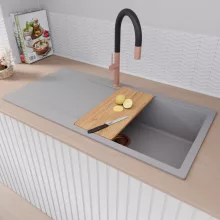 HD Onyx Grey 100 egymedencés gránit mosogatótálca szett, csepegtetőtálcával, vágódeszkával, matt fekete csepegtetőráccsal, alpesi szürke színben, szálcsiszolt réz leeresztő szifonnal