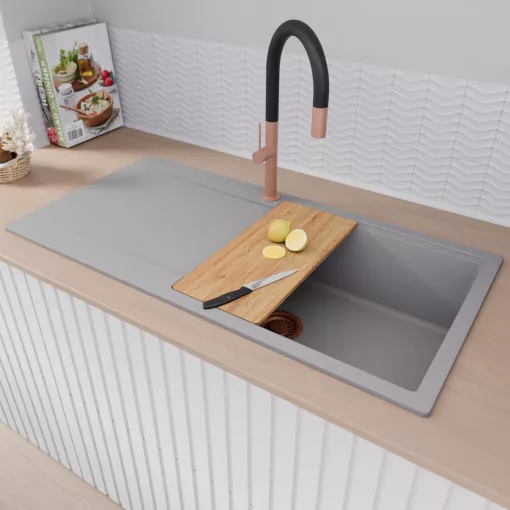 HD Onyx Grey 100 egymedencés gránit mosogatótálca szett, csepegtetőtálcával, vágódeszkával, matt fekete csepegtetőráccsal, alpesi szürke színben, szálcsiszolt réz leeresztő szifonnal