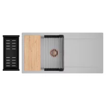 HD Onyx Grey 100 egymedencés gránit mosogatótálca szett, csepegtetőtálcával, vágódeszkával, acél csepegtetőráccsal és matt fekete kosárral, alpesi szürke színben, szálcsiszolt réz leeresztő szifonnal