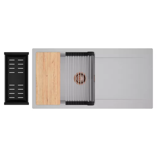 HD Onyx Grey 100 egymedencés gránit mosogatótálca szett, csepegtetőtálcával, vágódeszkával, acél csepegtetőráccsal és matt fekete kosárral, alpesi szürke színben, szálcsiszolt réz leeresztő szifonnal