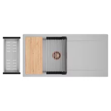 HD Onyx Grey 100 egymedencés gránit mosogatótálca szett, csepegtetőtálcával, vágódeszkával, acél csepegtetőráccsal és kosárral, alpesi szürke színben, szálcsiszolt réz leeresztő szifonnal