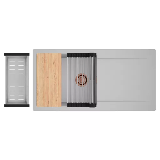 HD Onyx Grey 100 egymedencés gránit mosogatótálca szett, csepegtetőtálcával, vágódeszkával, acél csepegtetőráccsal és kosárral, alpesi szürke színben, szálcsiszolt réz leeresztő szifonnal