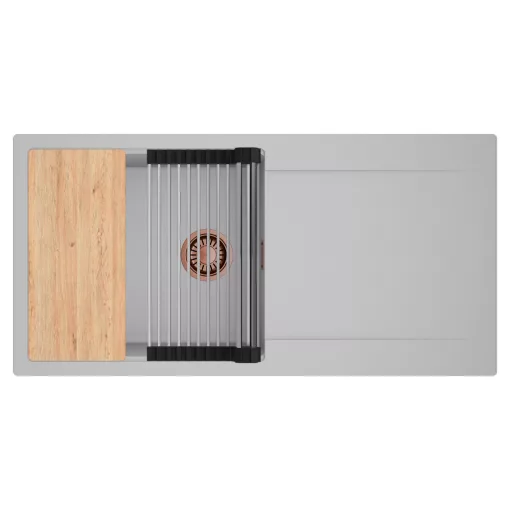 HD Onyx Grey 100 egymedencés gránit mosogatótálca szett, csepegtetőtálcával, vágódeszkával, acél csepegtetőráccsal, alpesi szürke színben, szálcsiszolt réz leeresztő szifonnal