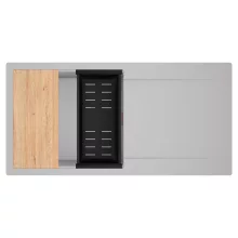 HD Onyx Grey 100 egymedencés gránit mosogatótálca szett, csepegtetőtálcával, vágódeszkával, matt fekete csepegtetőkosárral, alpesi szürke színben, szálcsiszolt réz leeresztő szifonnal