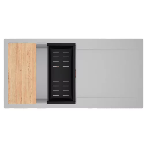 HD Onyx Grey 100 egymedencés gránit mosogatótálca szett, csepegtetőtálcával, vágódeszkával, matt fekete csepegtetőkosárral, alpesi szürke színben, szálcsiszolt réz leeresztő szifonnal