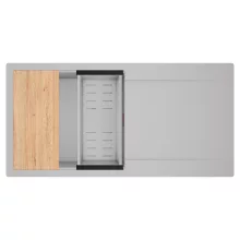 HD Onyx Grey 100 egymedencés gránit mosogatótálca szett, csepegtetőtálcával, vágódeszkával, acél csepegtetőkosárral, alpesi szürke színben, szálcsiszolt réz leeresztő szifonnal