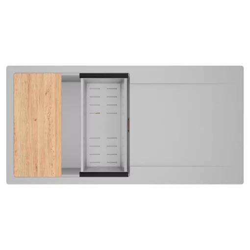 HD Onyx Grey 100 egymedencés gránit mosogatótálca szett, csepegtetőtálcával, vágódeszkával, acél csepegtetőkosárral, alpesi szürke színben, szálcsiszolt réz leeresztő szifonnal