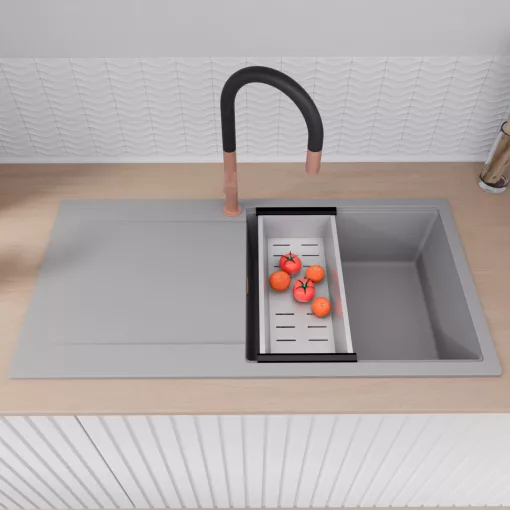 HD Onyx Grey 100 egymedencés gránit mosogatótálca szett, csepegtetőtálcával, vágódeszkával, acél csepegtetőkosárral, alpesi szürke színben, szálcsiszolt réz leeresztő szifonnal