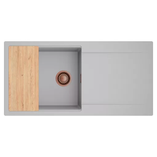 HD Onyx Grey 100 egymedencés gránit mosogatótálca, vágódeszkával, alpesi szürke színben, szálcsiszolt réz leeresztő szifonnal