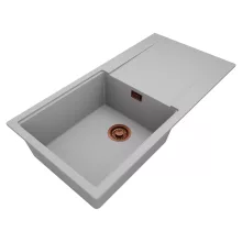 HD Onyx Grey 100 egymedencés gránit mosogatótálca, vágódeszkával, alpesi szürke színben, szálcsiszolt réz leeresztő szifonnal