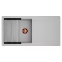 HD Onyx Grey 100 egymedencés mosogatótálca szett, acél csepegtetőráccsal, csepegtetőtálcával, alpesi szürke színben, szálcsiszolt réz leeresztő szifonnal