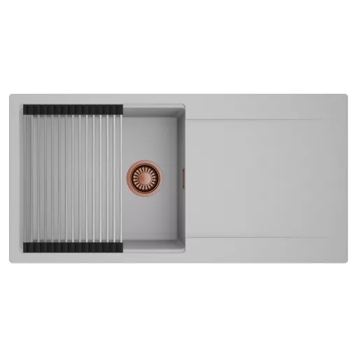 HD Onyx Grey 100 egymedencés mosogatótálca szett, acél csepegtetőráccsal, csepegtetőtálcával, alpesi szürke színben, szálcsiszolt réz leeresztő szifonnal