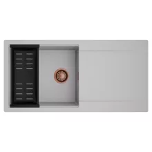 HD Onyx Grey 100 egymedencés mosogatótálca szett, matt fekete csepegtetőkosárral, csepegtetőtálcával, alpesi szürke színben, szálcsiszolt réz leeresztő szifonnal