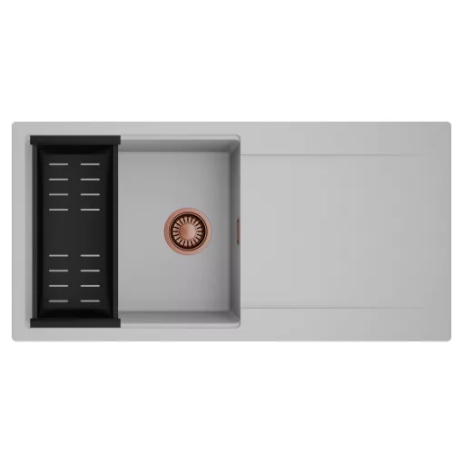 HD Onyx Grey 100 egymedencés mosogatótálca szett, matt fekete csepegtetőkosárral, csepegtetőtálcával, alpesi szürke színben, szálcsiszolt réz leeresztő szifonnal