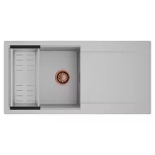 HD Onyx Grey 100 egymedencés mosogatótálca szett, acél csepegtetőkosárral, csepegtetőtálcával, alpesi szürke színben, szálcsiszolt réz leeresztő szifonnal