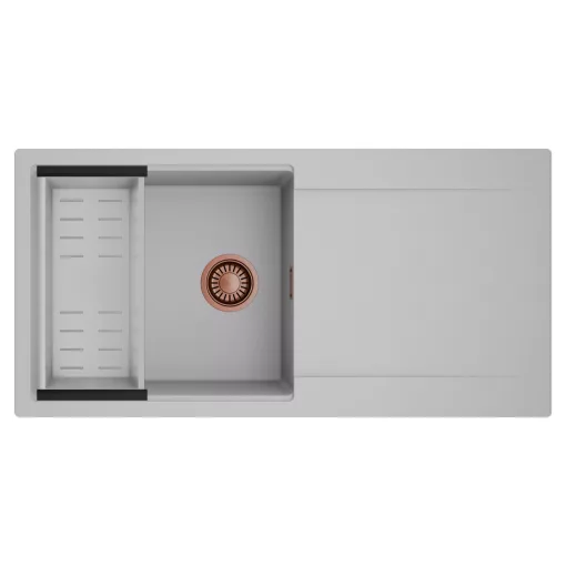 HD Onyx Grey 100 egymedencés mosogatótálca szett, acél csepegtetőkosárral, csepegtetőtálcával, alpesi szürke színben, szálcsiszolt réz leeresztő szifonnal