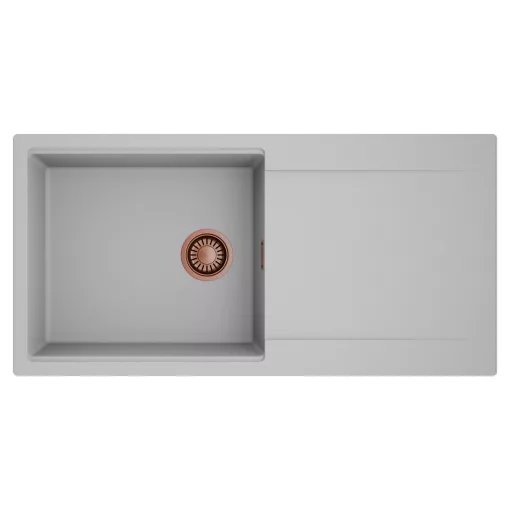 HD Onyx Grey 100 egymedencés mosogatótálca, csepegtetőtálcával, alpesi szürke színben, szálcsiszolt réz leeresztő szifonnal