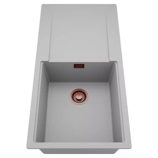 HD Onyx Grey 100 egymedencés mosogatótálca, csepegtetőtálcával, alpesi szürke színben, szálcsiszolt réz leeresztő szifonnal