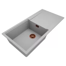 HD Onyx Grey 100 egymedencés mosogatótálca, csepegtetőtálcával, alpesi szürke színben, szálcsiszolt réz leeresztő szifonnal