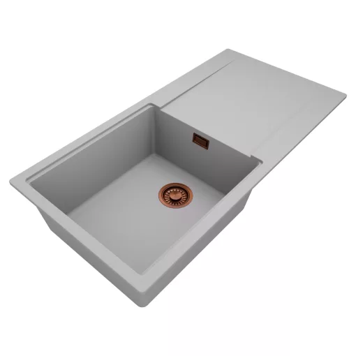 HD Onyx Grey 100 egymedencés mosogatótálca, csepegtetőtálcával, alpesi szürke színben, szálcsiszolt réz leeresztő szifonnal