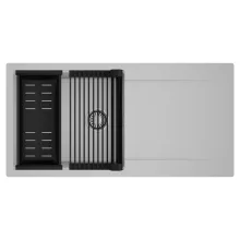 HD Onyx Grey 100 egymedencés mosogatótálca szett, matt fekete csepegtetőráccsal és kosárral, csepegtetőtálcával, alpesi szürke színben