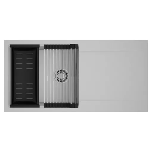 HD Onyx Grey 100 egymedencés mosogatótálca szett, acél csepegtetőráccsal és matt fekete kosárral, csepegtetőtálcával, alpesi szürke színben