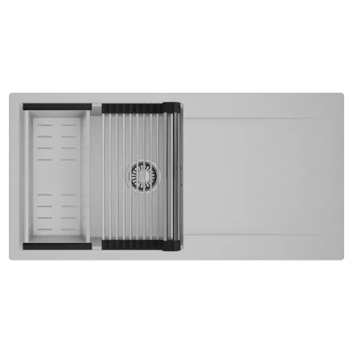 HD Onyx Grey 100 egymedencés mosogatótálca szett, acél csepegtetőráccsal és kosárral, csepegtetőtálcával, alpesi szürke színben