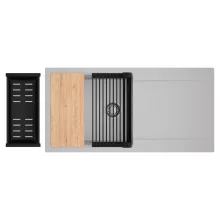 HD Onyx Grey 100 egymedencés gránit mosogatótálca szett, csepegtetőtálcával, vágódeszkával, matt fekete csepegtetőráccsal és kosárral, alpesi szürke színben