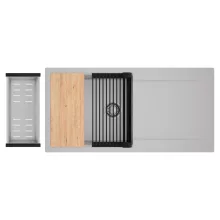 HD Onyx Grey 100 egymedencés gránit mosogatótálca szett, csepegtetőtálcával, vágódeszkával, matt fekete csepegtetőráccsal és krómozott kosárral, alpesi szürke színben