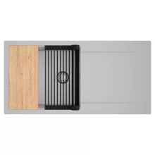 HD Onyx Grey 100 egymedencés gránit mosogatótálca szett, csepegtetőtálcával, vágódeszkával, matt fekete csepegtetőráccsal, alpesi szürke színben