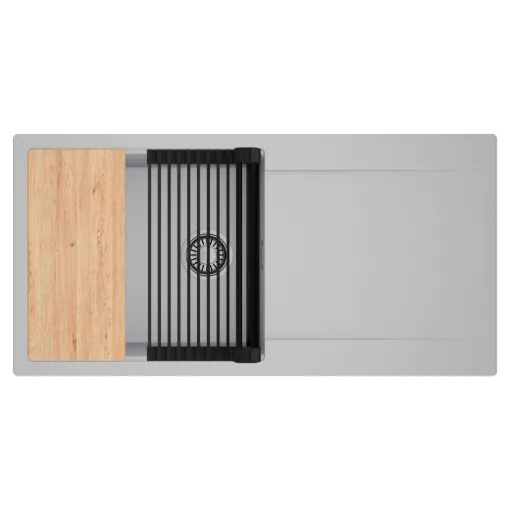 HD Onyx Grey 100 egymedencés gránit mosogatótálca szett, csepegtetőtálcával, vágódeszkával, matt fekete csepegtetőráccsal, alpesi szürke színben