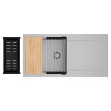 HD Onyx Grey 100 egymedencés gránit mosogatótálca szett, csepegtetőtálcával, vágódeszkával, acél csepegtetőráccsal és matt fekete kosárral, alpesi szürke színben