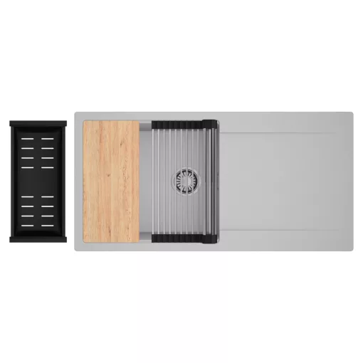 HD Onyx Grey 100 egymedencés gránit mosogatótálca szett, csepegtetőtálcával, vágódeszkával, acél csepegtetőráccsal és matt fekete kosárral, alpesi szürke színben